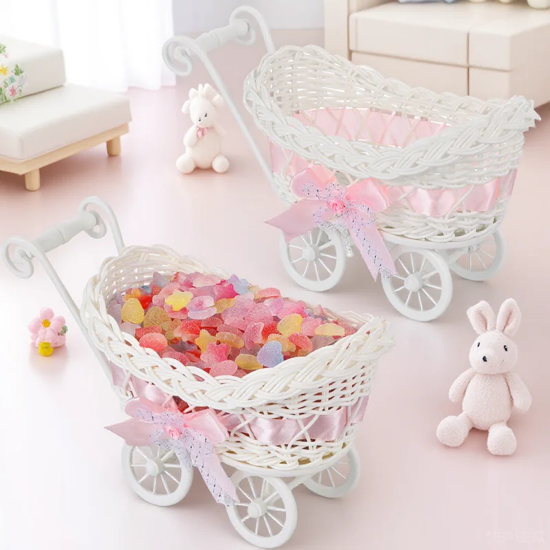 

2pcs Imitation Rattan Woven Basket Cart Shape Candy Storage Basket For Shower Decorations Party Favors Gift Packing Small