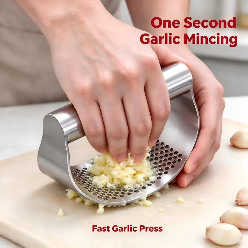 Upgraded Stainless Steel Garlic Press Rocker, Manual Garlic Ginger Crusher Squeezer, Kitchen Gadget for Minced Garlic & Ginger