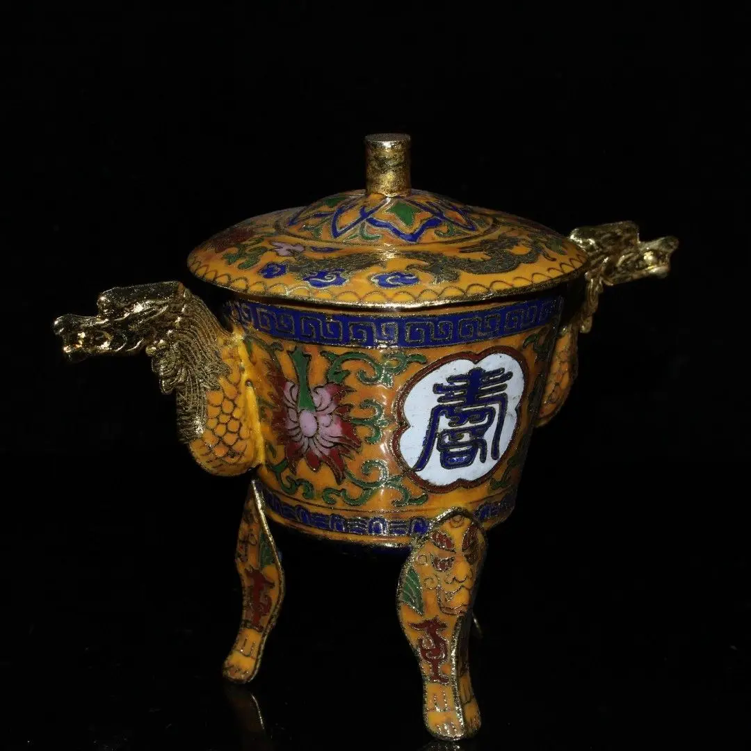 Early Collectible Cloisonné Censer Ornament, Red Copper Body, Wire Inlaid, Fu Lu Shou & Longevity Motifs, Three-Legged Design