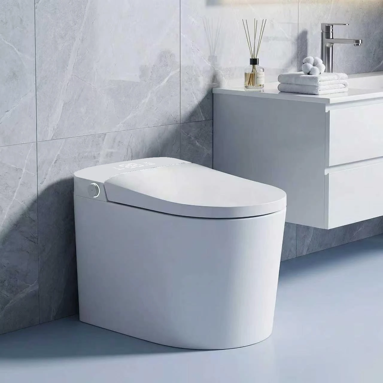 elongated smart toilet with S-type drain, seat heating, automatic flushing system, concealed water tank, suitable for bathrooms