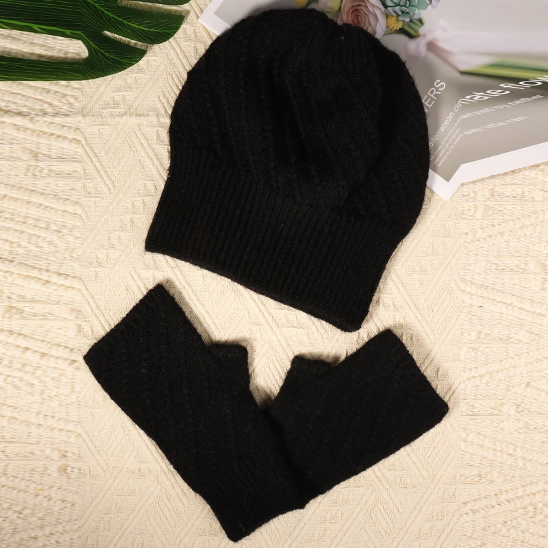 Winter Knitted Hat Gloves Two Piece Solid Color Woolen Soft Thickened Warm Unisex Gloves Hat Suit for Outdoor Travel Sport Ski