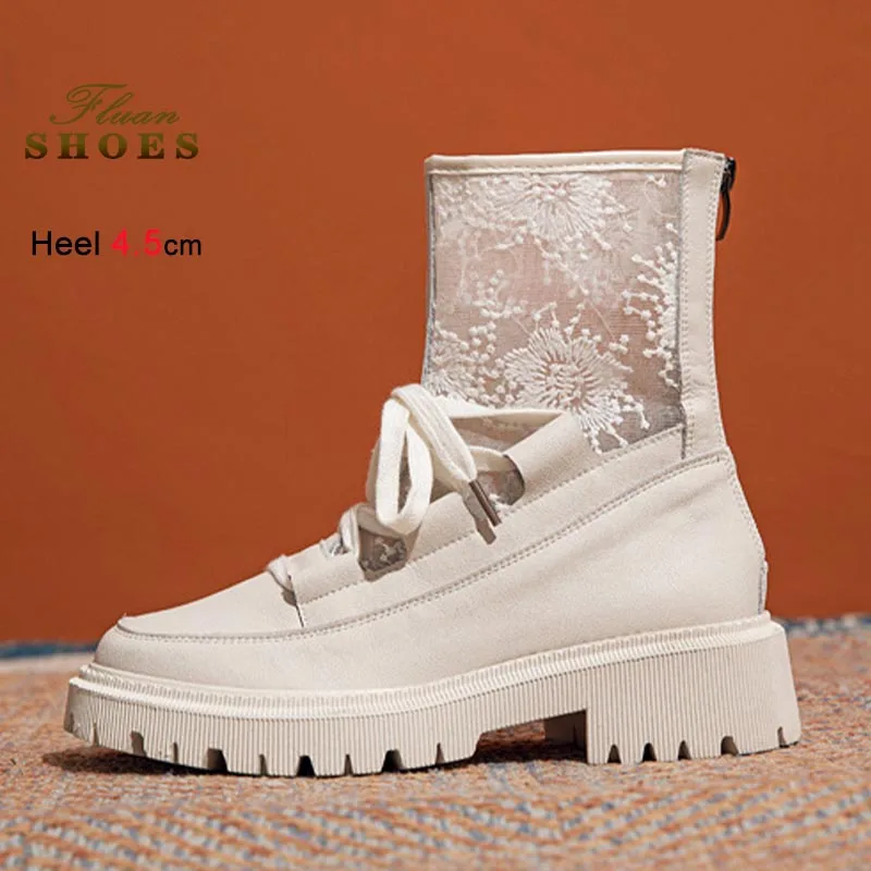 جديد جلد طبيعي شبكة النساء أحذية بوت قصيرة موضة تنفس صافي الأحذية الدانتيل يصل سميكة سوليد حذاء من الجلد الخلفي سستة الخريف الأحذية