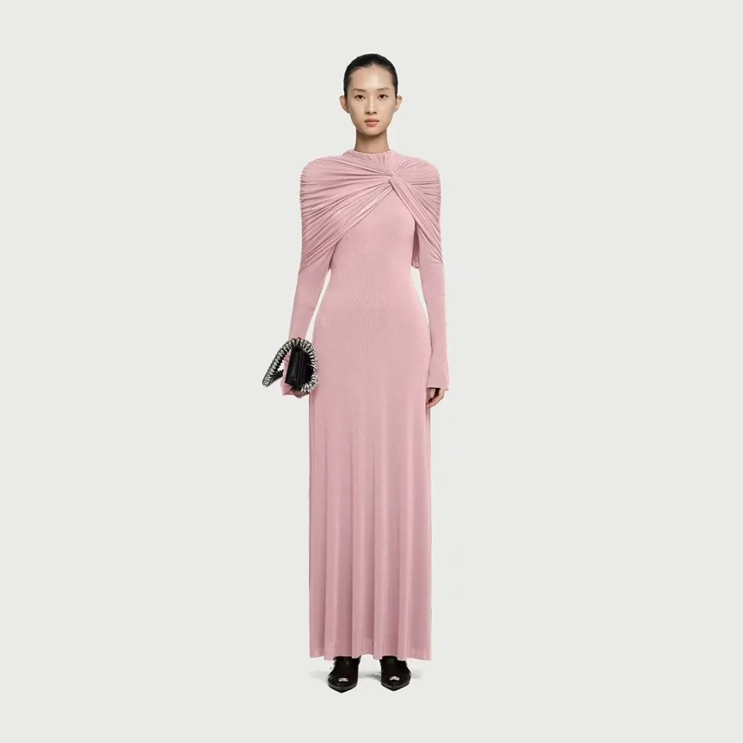

Pink knitted dress - 2025 autumn - Unique asymmetrical knot-structured fitted A-line skirt with a deep hip hemline white dress