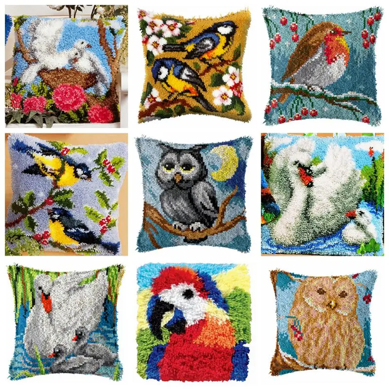 

Cute Owl Parrot Coarse Wool Latch Hook DIY Cross Stitch Carpet Embroidery Cushion Cover Segment Embroidery Latch Hook Rug Kits