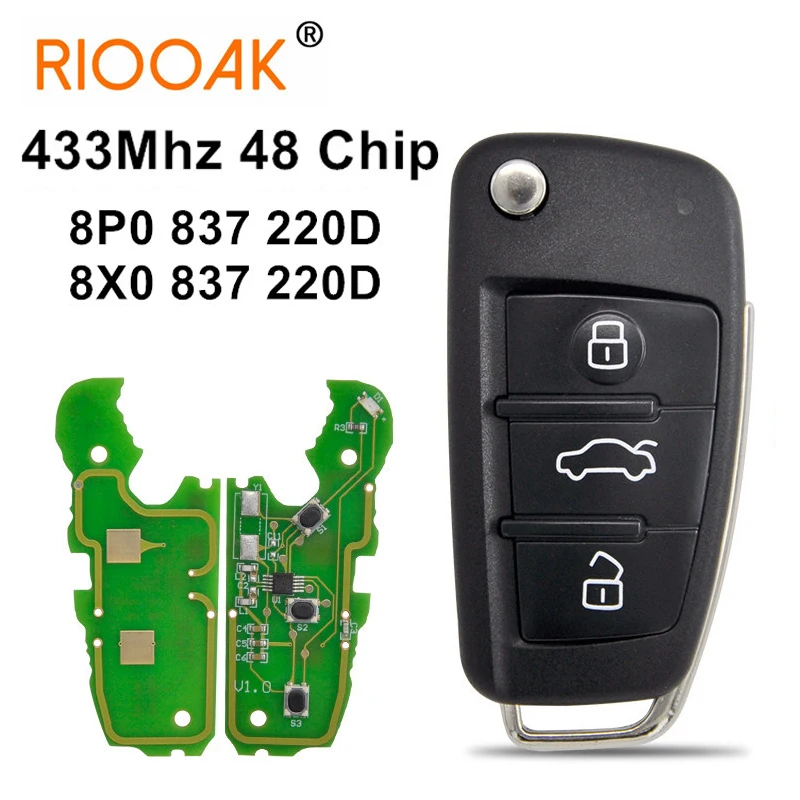 8X0837220D 8P0837220D 434Mhz ID48 Chip Car Remote Key Auto Smart Flip Key with HU66 Blank Blade For Audi A1 A3 TT S3 Q3 2005-13