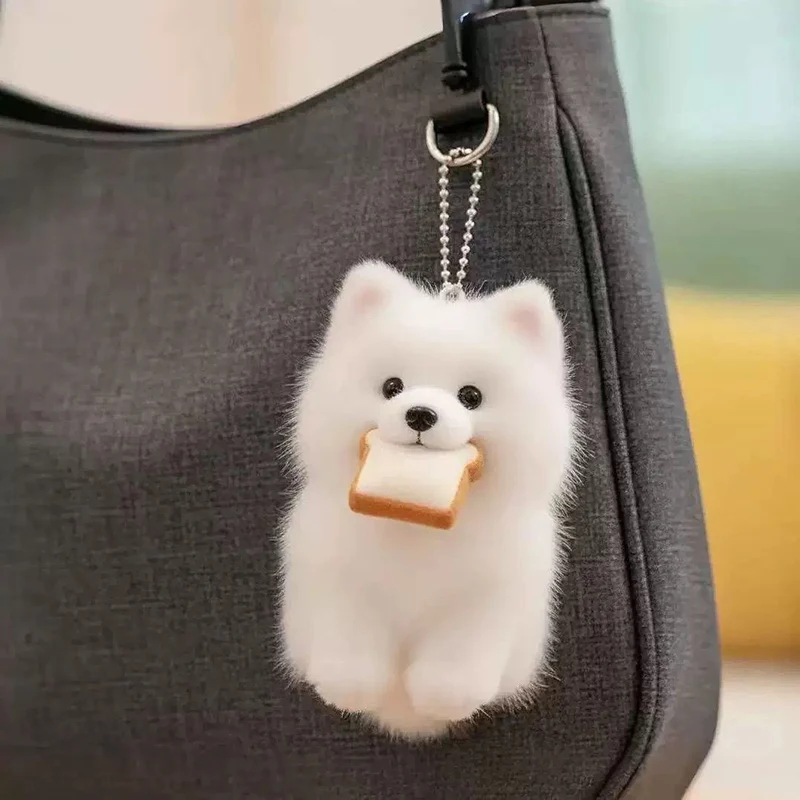 Nowy Brelok Samojed z Chlebem Pluszowa Zabawka Uroczy Mały Piesek Pluszowy Wisiorek do Torby Super Uroczy Wisiorek