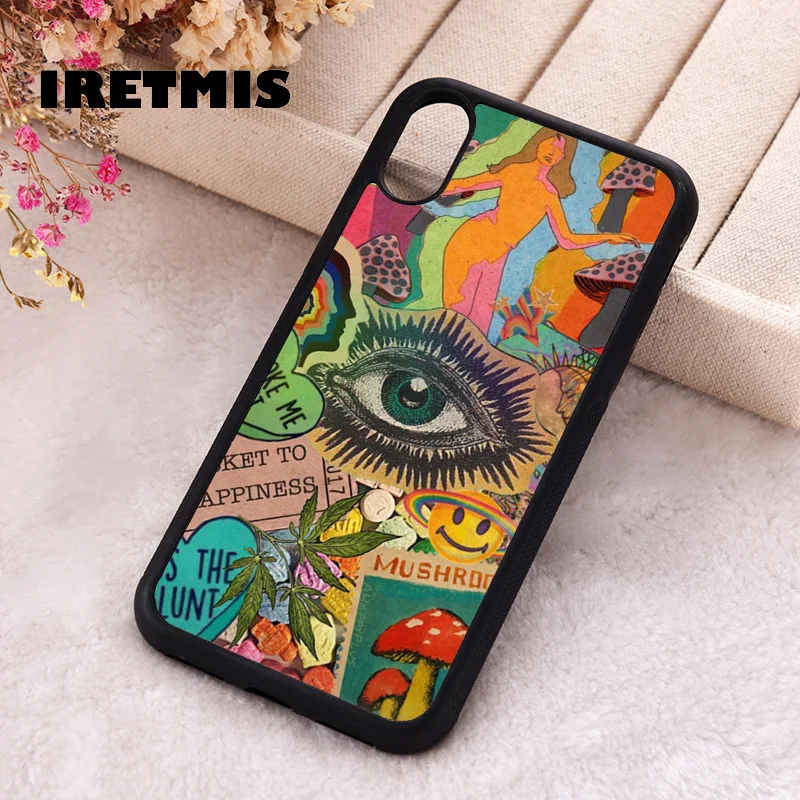 Iretmis Phone Cover Case For iPhone X XS Max XR 11 12 13 PRO MINI 14 15 16 Plus Rubber Trippy Psychedelic Mushrooms Collage