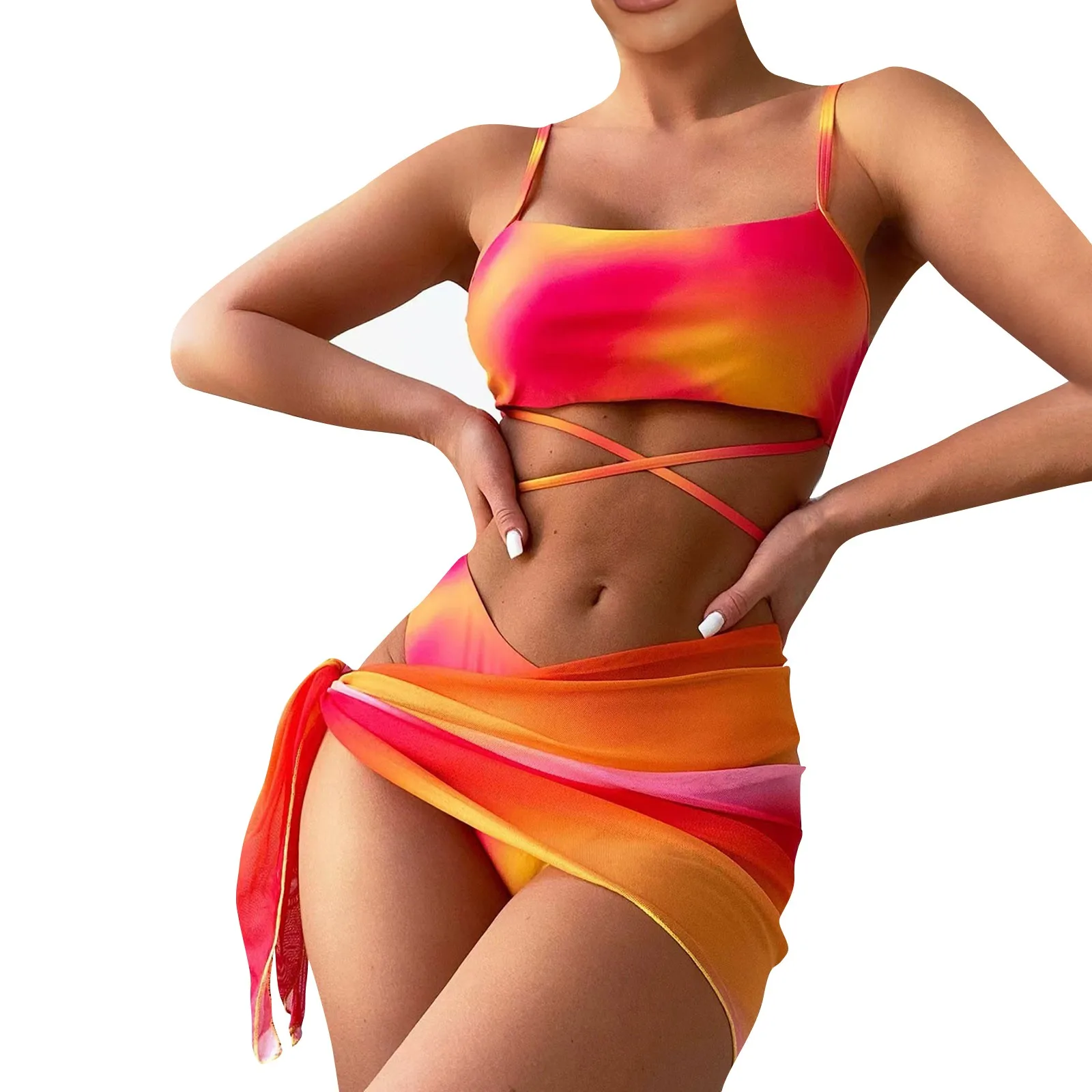 2024 New Women Tie Dyed Split Bikini Sexy Hip Lifting Mesh Gradient Beach Three Piece Set Cross Swimwear Girl