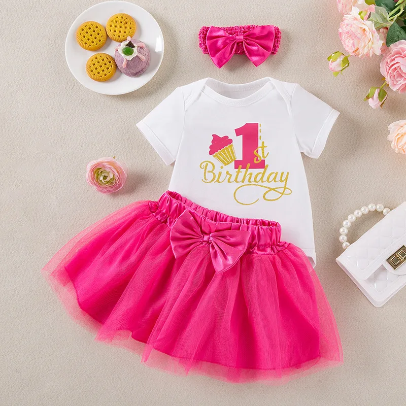 

Summer Baby Girl Birthday Party Outfit Letters1Short Sleeve Harem Dress with Hair Accessories3Piece Suit