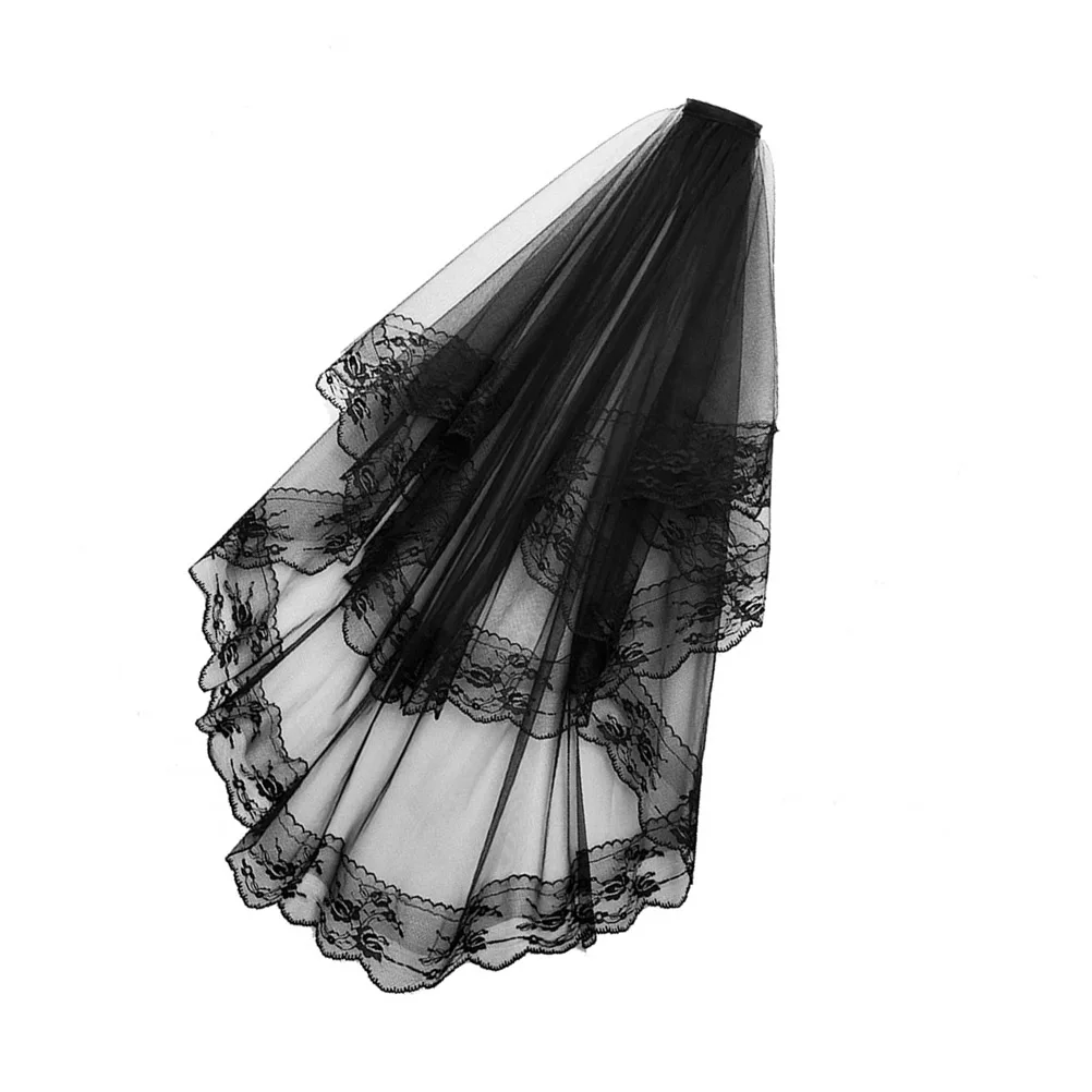 Double Layer Veil com Pente de Cabelo, Black Lace, Wedding Veil, Acessório de Cabelo, Tulle, Sheer, Headwear, Mantilla, 2 Camadas