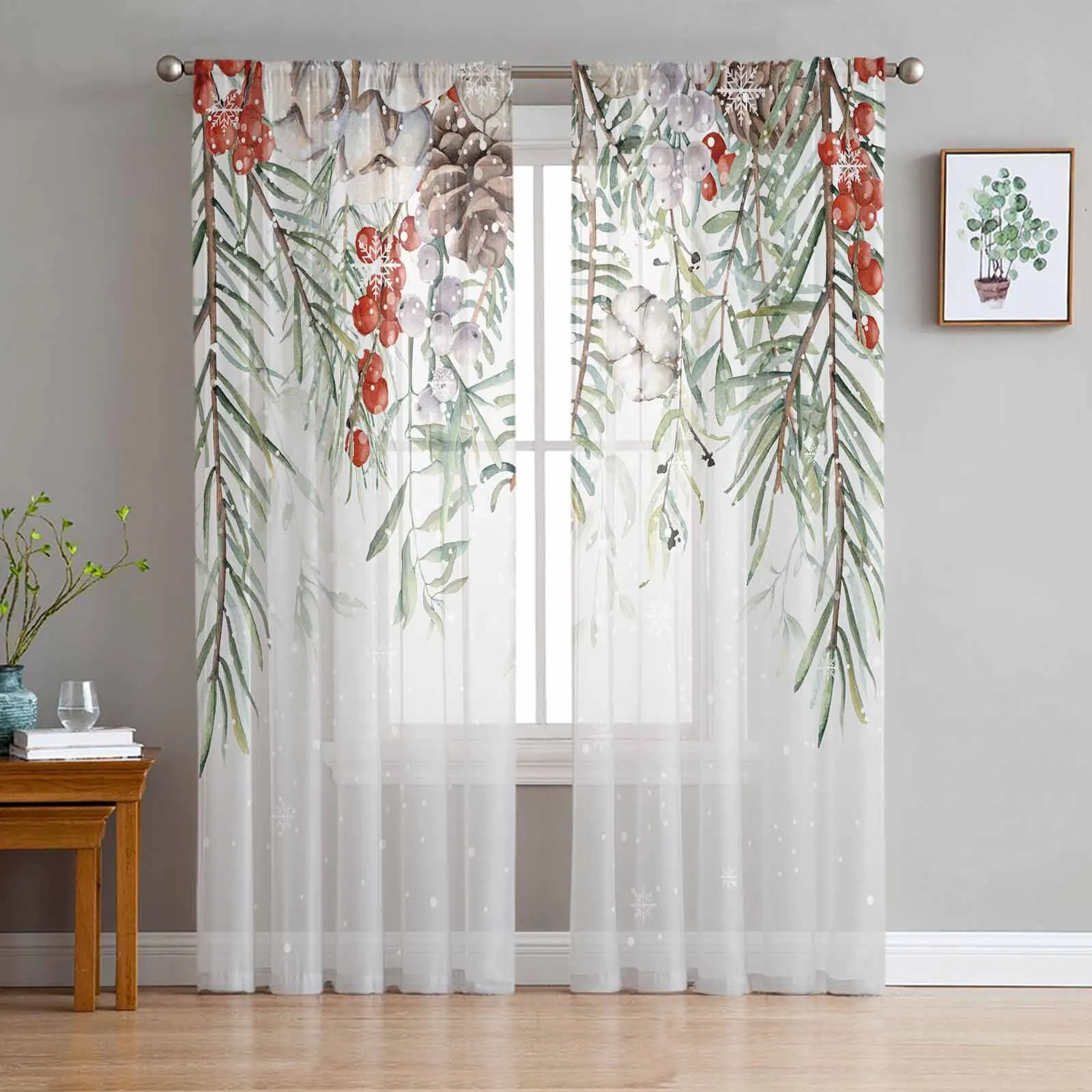 

Christmas Pine Leaves Berries Hazelnuts Snowflakes Window Treatment Tulle Modern Sheer Curtains for Living Room Curtains Decor