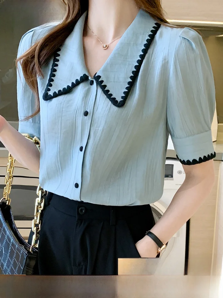 Elegant Short Sleeve Chiffon Shirt Women's Fashion Summer Thin Shirt Doll Collar T-Shirt Korean Style Straight Cut Lace Shirt