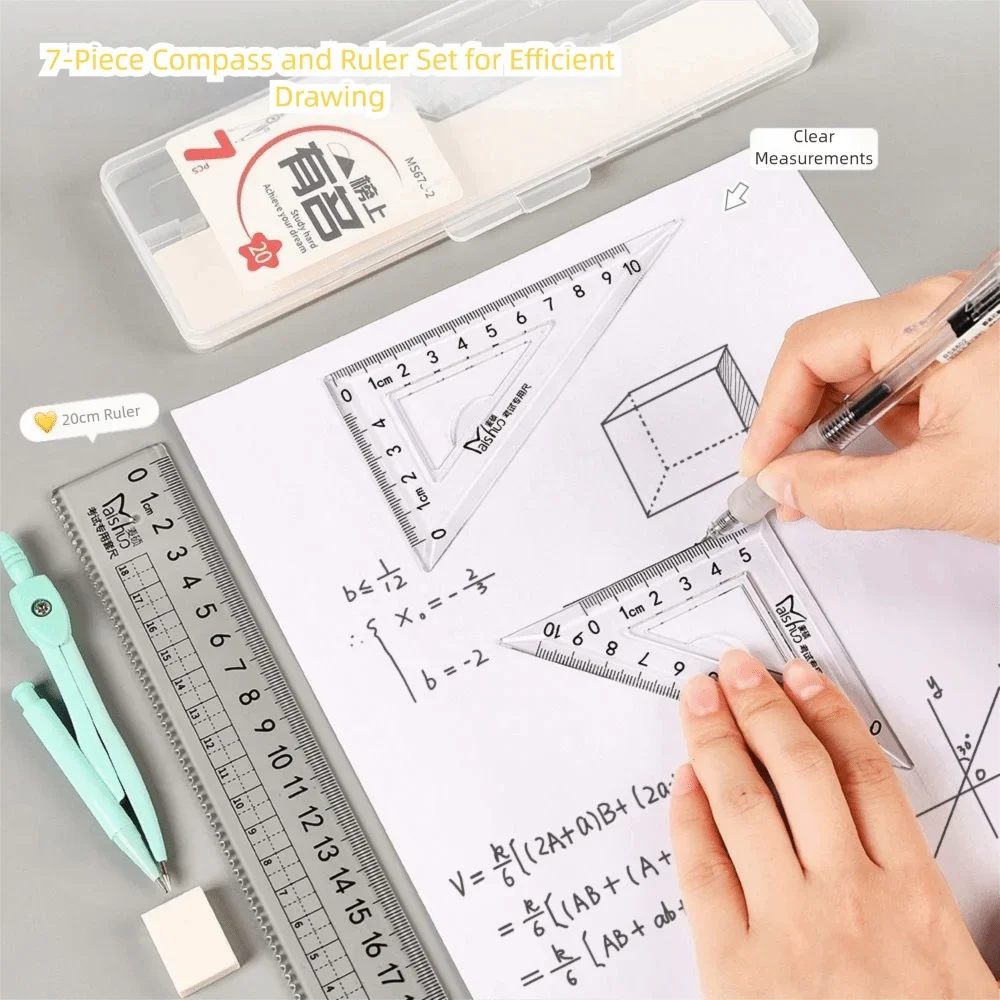7PCS/Set Plastic Ruler Compasses Set Transparent Straight Ruler Protractor Set Square Eraser Measuring Ruler for School Office