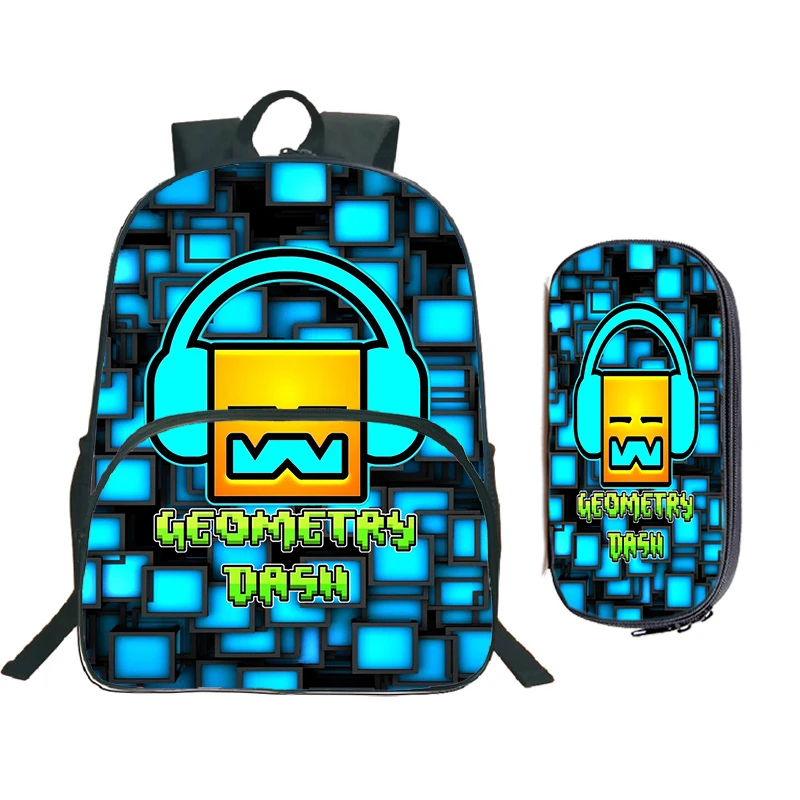 Jogo Geometry Dash Print Mochila com estojo para crianças, mochila dos desenhos animados com raiva, bolsa para laptop de grande capacidade