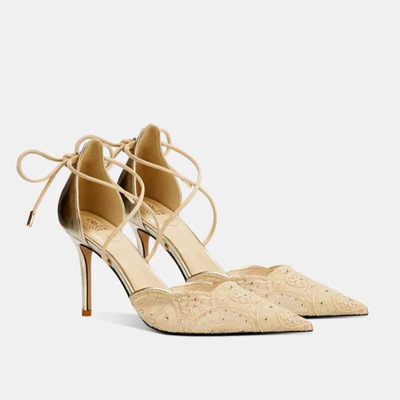 

Summer new pointed toe hollow lace mesh rhinestone hollow strap wedding shoes banquet large size stiletto heels women's sandals