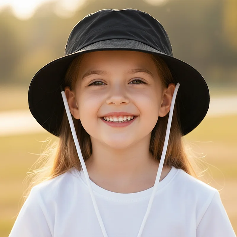 Children Fisherman Hat Solid Color Bucket Hats with Windproof Rope Boys Girls Outdoor Hiking Quick-Drying Sunshade Cap 1-4Y