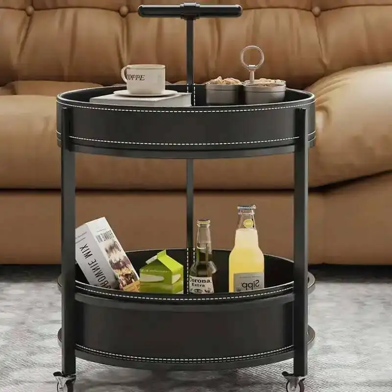 Cosmetologist Trolley Italian Saddle Leather Small Cart Sofa Side Movable with Wheels, Tea Table, Snack Storage Professional
