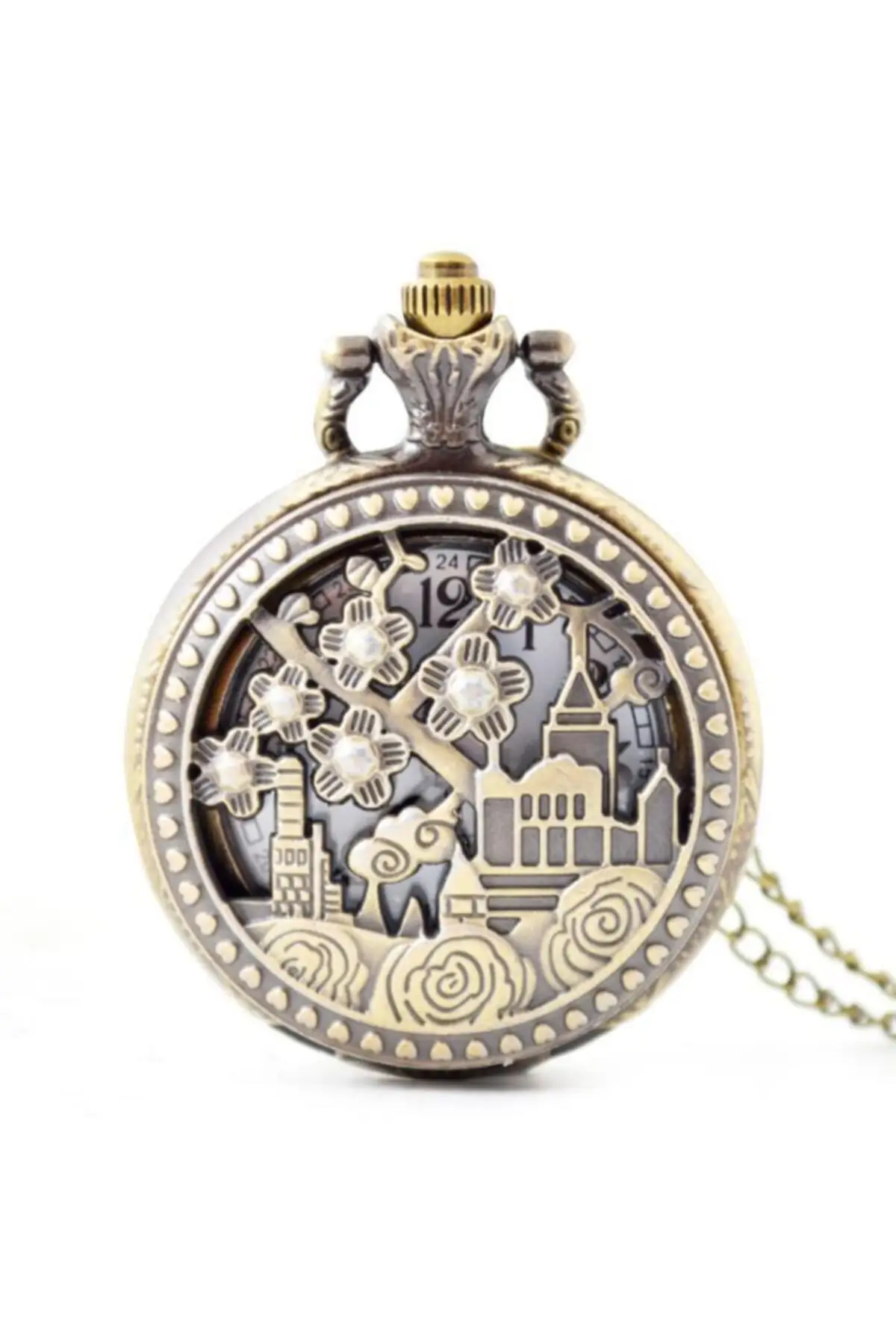 Uras Bronze Girl Tower Pattern Quartz Köstekli Mini Pocket Watch Necklace Vintage Watch Men Women