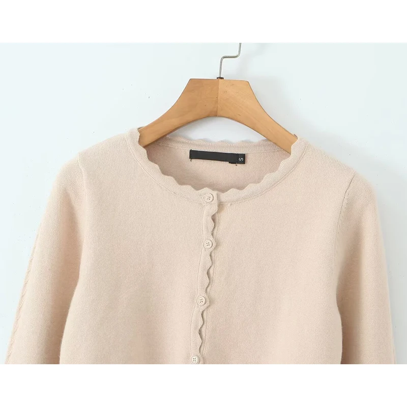 YENKYE 2025 Women Long Sleeve O Neck Wavy Edge Knitted Cardigan Casual Autumn Short Knitwear Tops