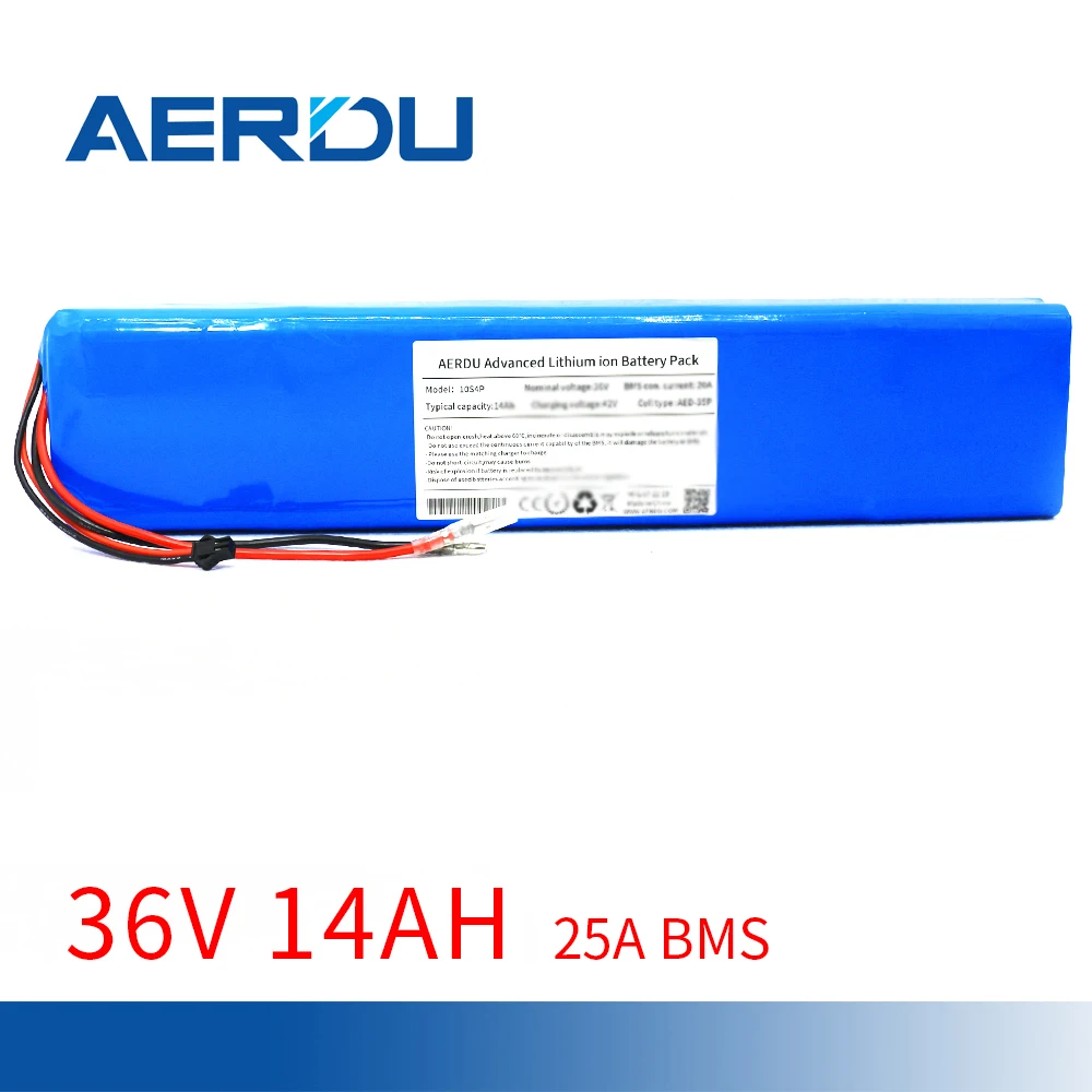 AERDU 36V 14AH 10S4P 37VHigh Power& Capacity 18650 Lithium Battery Pack with Bms For FIIDO D1 D2 Bicycle Motor Scooter +SM2P 4MM