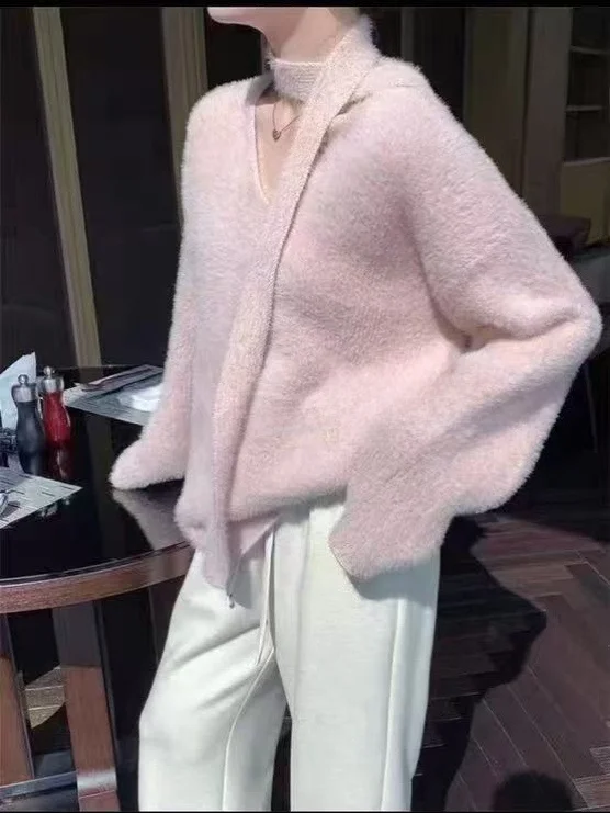 秋冬レディースニットミンクセータールーズフフトップソフトスリーブレイジースリーブVネックロングスリーブ暖かいサーマルファション
