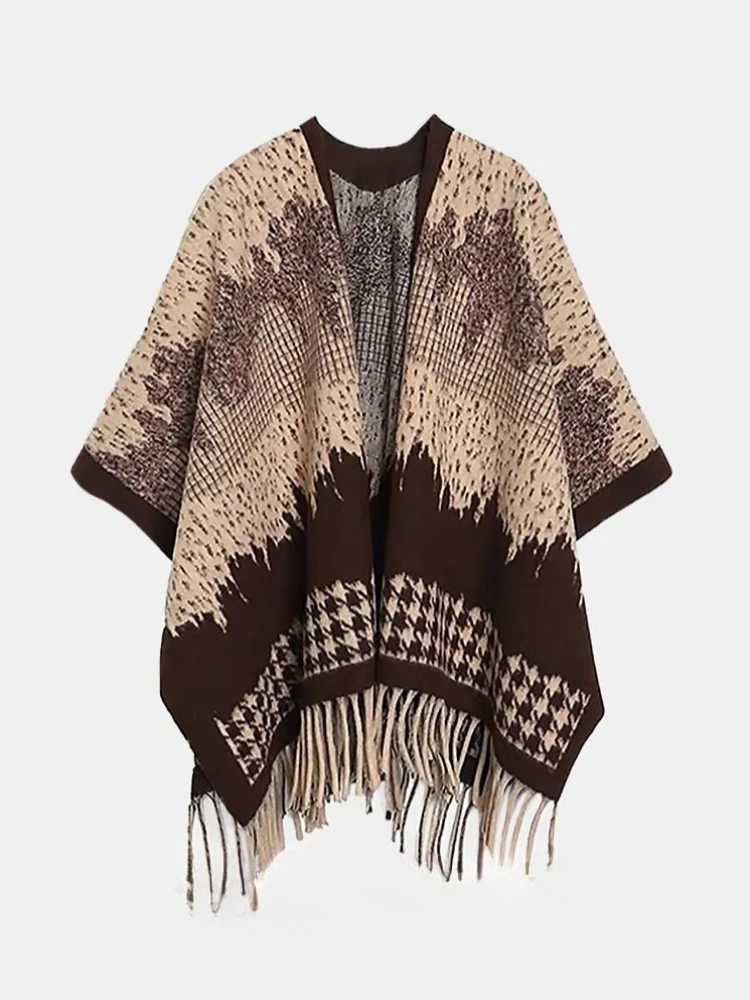 USPOP 2025 Otoño Invierno negro pata de gallo chal capa para mujer 710g grueso de gran tamaño borla envoltura bufanda de dos vías