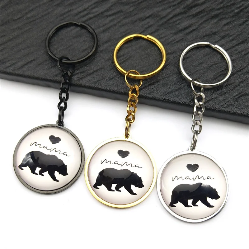 

Black Bear Love Heart Mama Glass Round Medal Stainless Steel Key Chain for Women Men Gold Silver Color Mother's Day Jewelry Gift