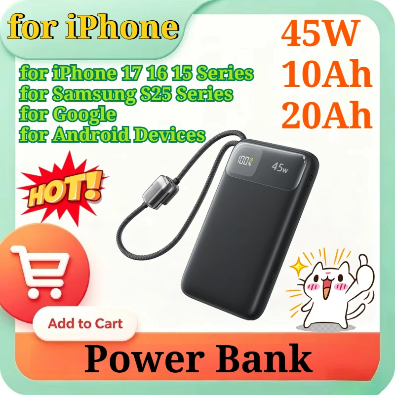 45W PD QC Fast Charging Power Bank 10/20Ah Power Bank with Built-in Cable for iPhone for Samsung Travel Daily Commute Backup