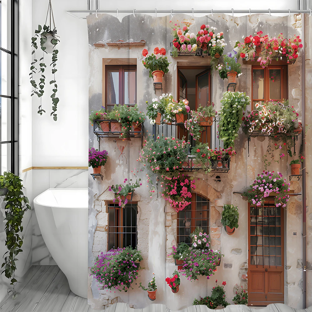 

Italian Street Scenery Shower Curtain, Brick Wall Pink Floral Vintage Wooden Door Potted Plant European Street Natural Garden Sc