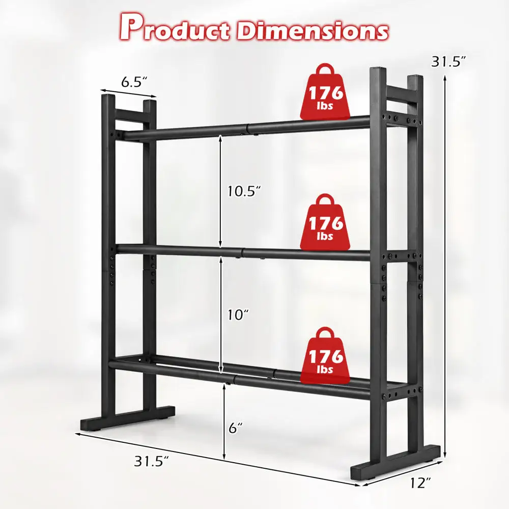 Heavy Duty 3-Tier Dumbbell Rack, Powder Coated Steel Weight Storage Stand With 529 Lbs Capacity, Adjustable Fitness Equipment Organizer For Home Gym Garage, Black - view 5