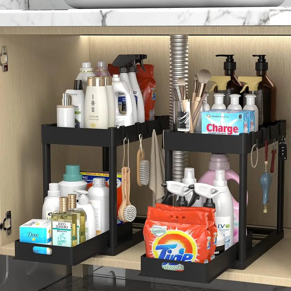 

2Pc Under Sink Organizer Ra 2 Tier Under Sliding Cabinet Basket Organizer Drawer With 4 Hooks, Multi-Purpose Under Sink Storage