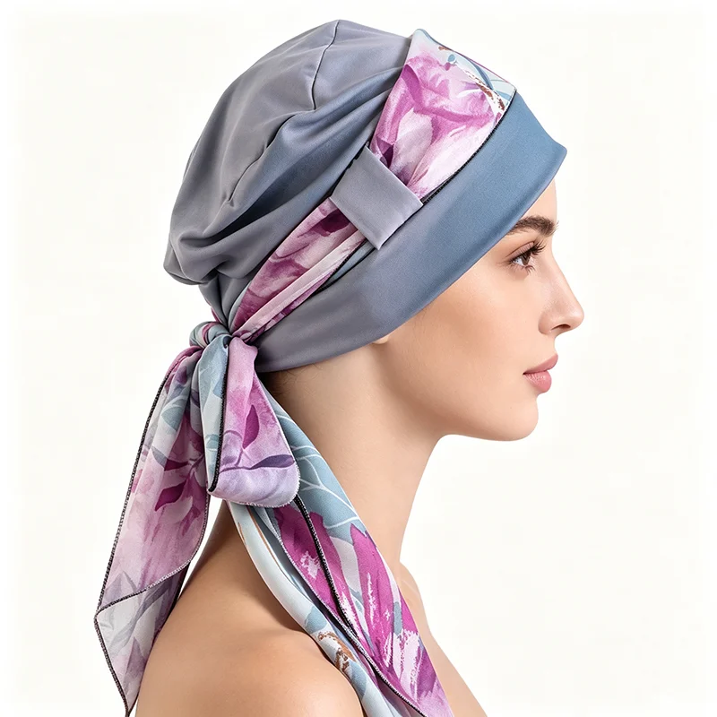 Neuer Muslimischer Hijab für Frauen, Bedruckter Stretch-Turban, Vorgebundene Chemo-Mütze, Bandana, Kopftuch für Krebspatienten und Haarausfall – Detail 11
