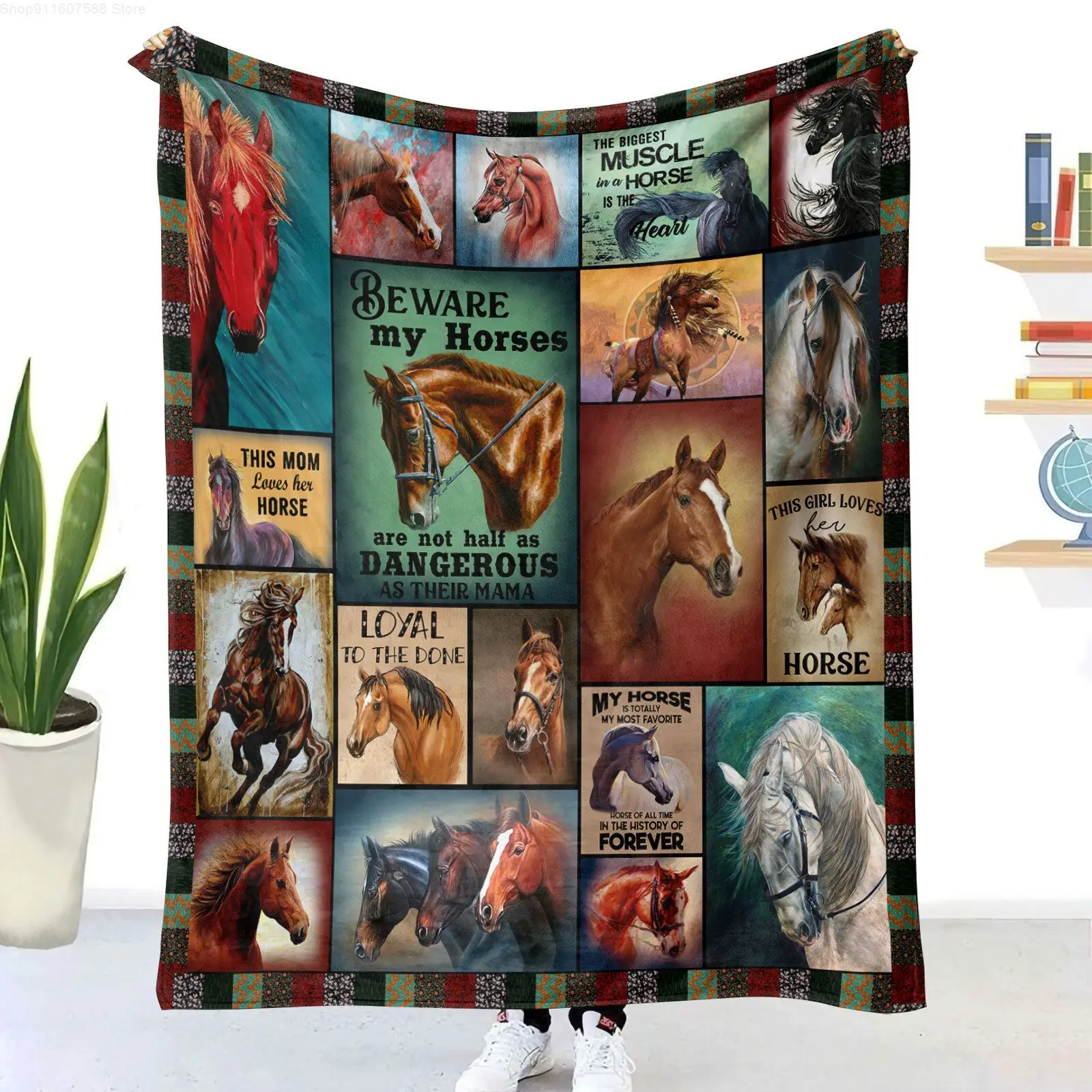 

Animal Horse 3D Print Plush Flannel Throw Blanket Vintage Bedding Square Picnic Bed Sofa Soft Lightweight Towel