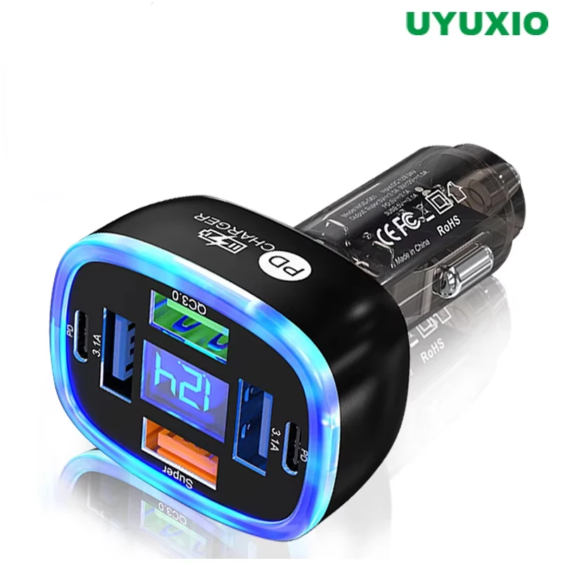 UYUXIO Multi-Port USB-C Autoladegerät mit Spannungsanzeige 6-in-1 Superschnelles Ladeadapter für Huawei iPhone 16 15 Pro Max