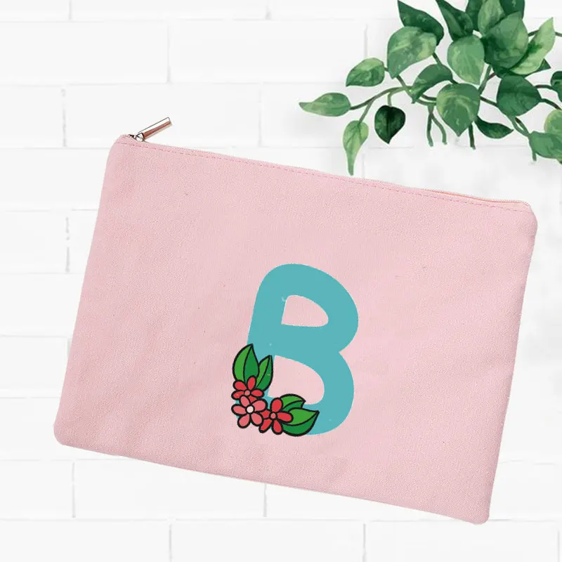 Floral Letter Print  Makeup Bag Bridesmaid Makeup Bags Linen Zipper Pouch Travel Organizer Case Mujer Bolsas Women Cosmetic Bag