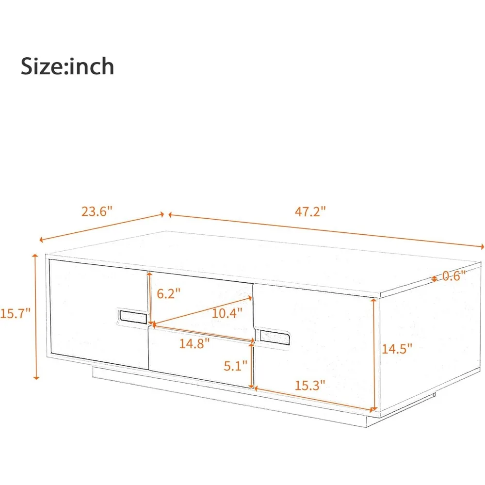 High Gloss LED Coffee Table 47.2-Inch Wooden Center Cocktail Table with Storage and 16 Color LED Lighting for Living Room