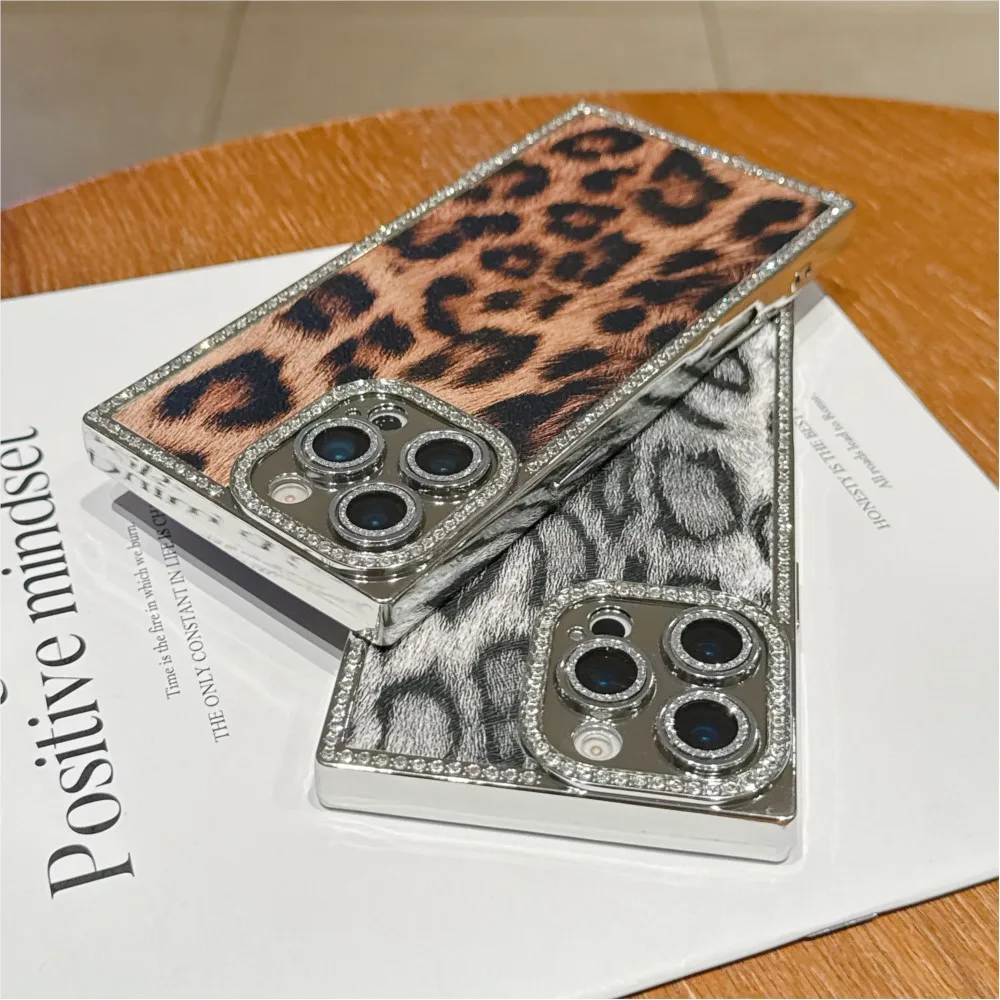 Funda de teléfono con estampado de leopardo y diamantes de lujo para iPhone 16, 15, 14, 13, Pro Max Plus, protección de cámara, cubierta chapada a prueba de golpes