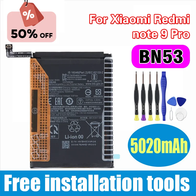 

Brand New BN53 5020mAh Battery For Xiaomi Redmi note 9 Pro Phone Batteries+Tools