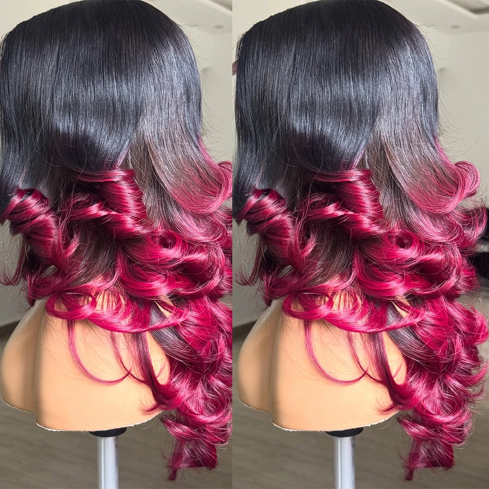 Body Wave Human Hair Wig 36 Inch 13x6 HD Transparent Lace Frontal Wig 400 Density 1B/99j Ombre Colored 100% Human Hair For Women
