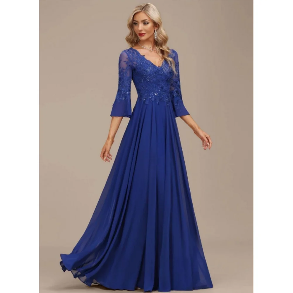 Women's V Neck 3/4 Sleeve Mother of The Bride Dresses Lace Chiffon A-Line Formal Evening Gowns Floor Length