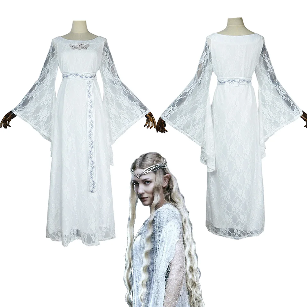 Fancy Elf Princess Galadriel Cosplay For Women Vintage Mesh Lace Dress Movie Lorded Rings Costume Disguise Adult Woman Outfits