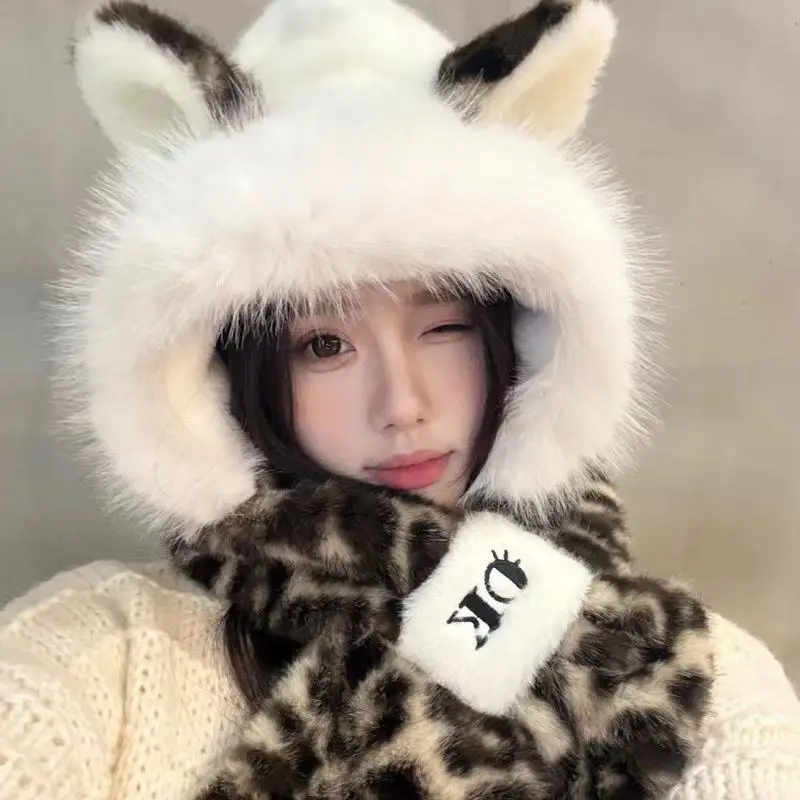 New fashion leopard print hat with plush scarf fox ears, 2026 thickened autumn and winter warm ear protection, hot-se