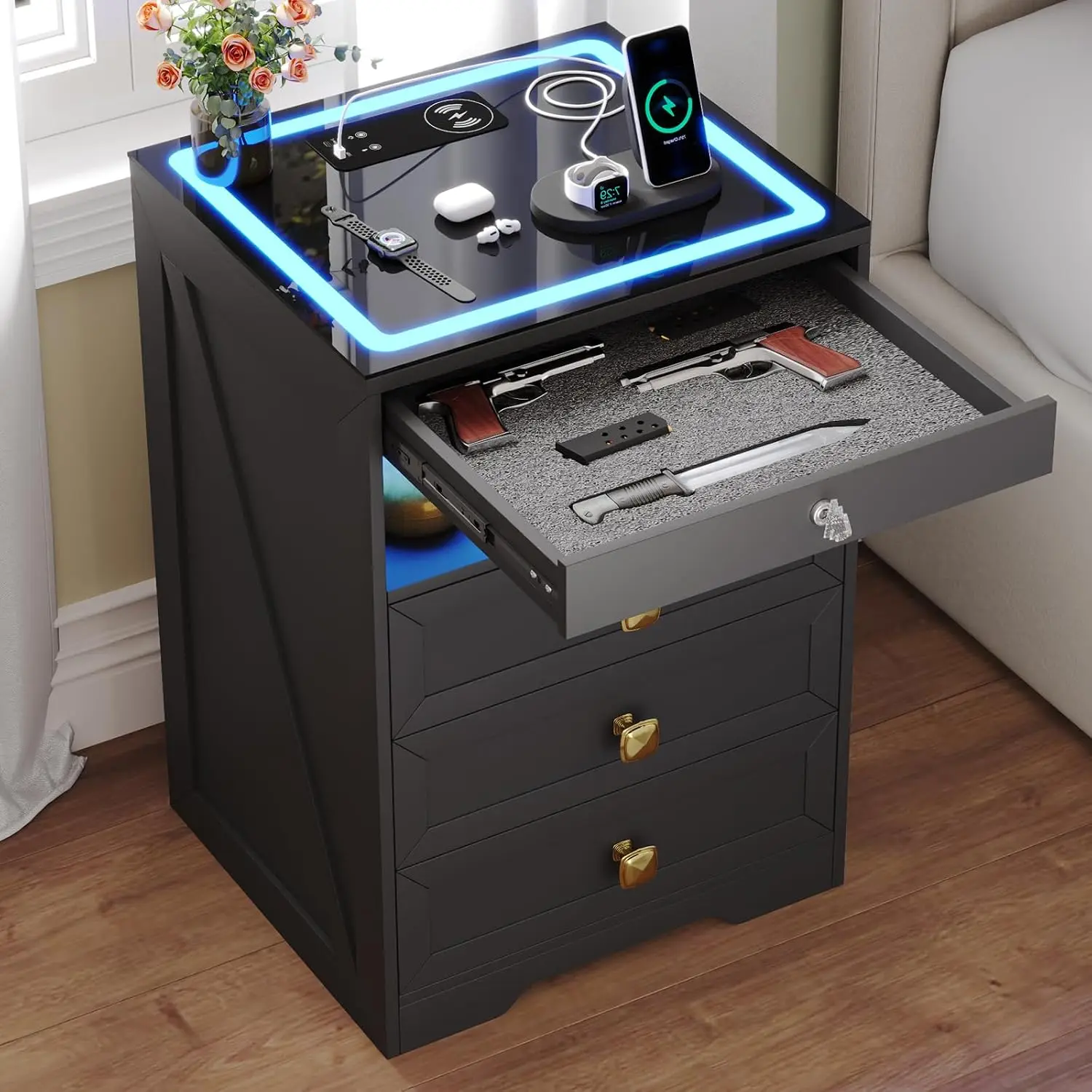 Smart LED Nightstand with Lockable Gun Drawer & Glass Top（Black） | Modern Bedside Table with Charging Station and Hidden Storage