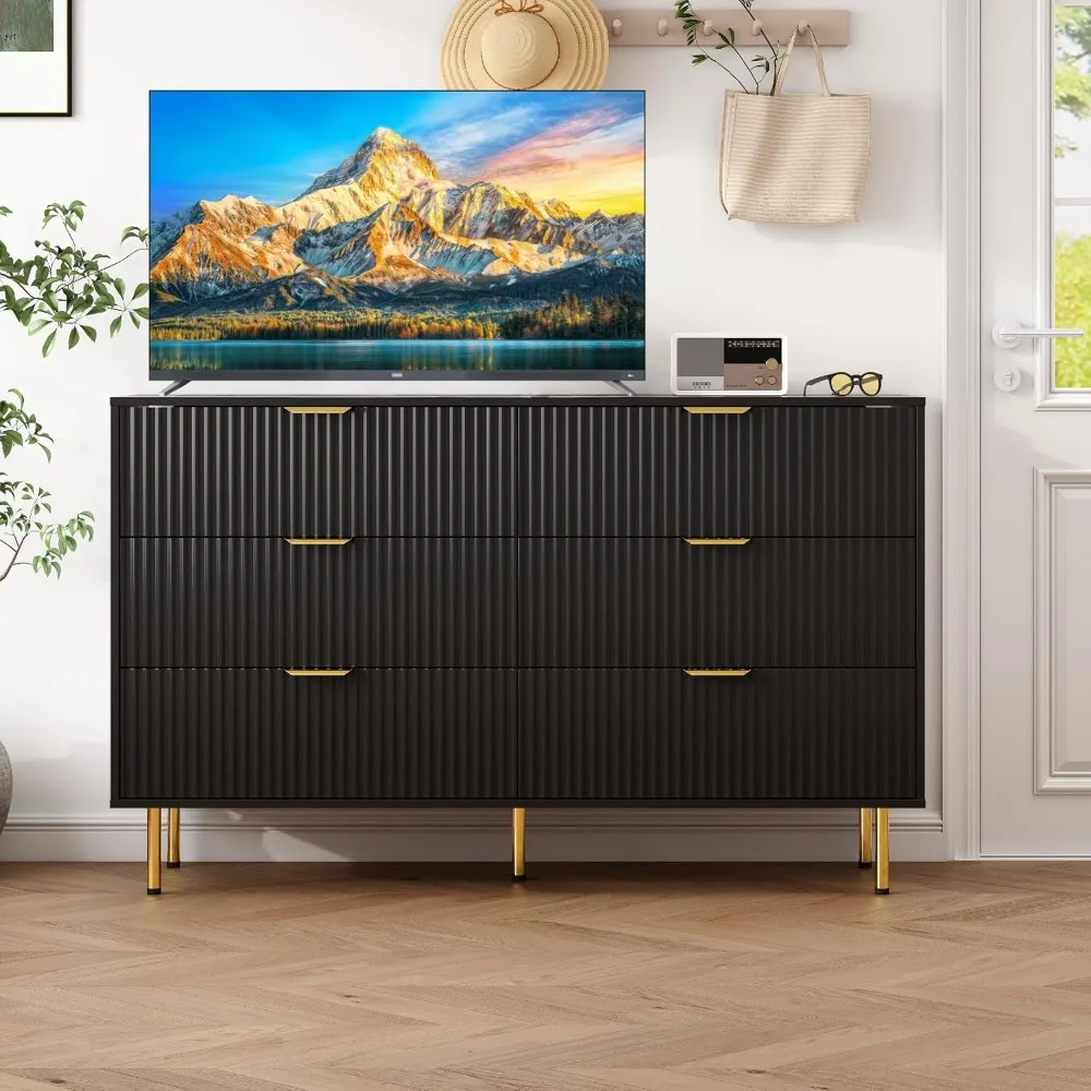 خزانة عريضة حديثة ذات 6 أدراج لغرفة النوم، منظم تخزين خشبي بتصميم مخدد