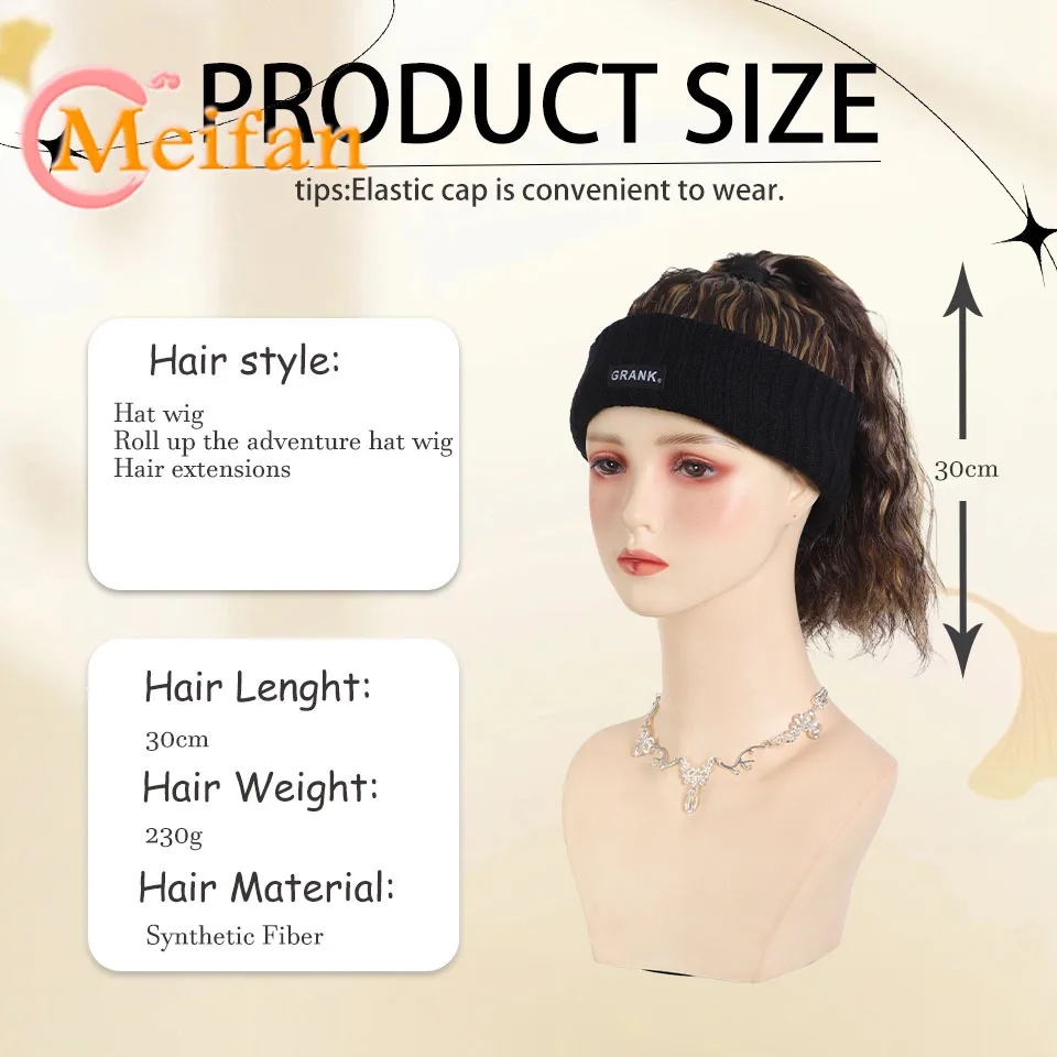 MEIFAN Hat Wig Synthetic Adjustable Cap Wig Hair Extension Black Curly Ponytail Cheap Wigs for All People Hat For Sporty