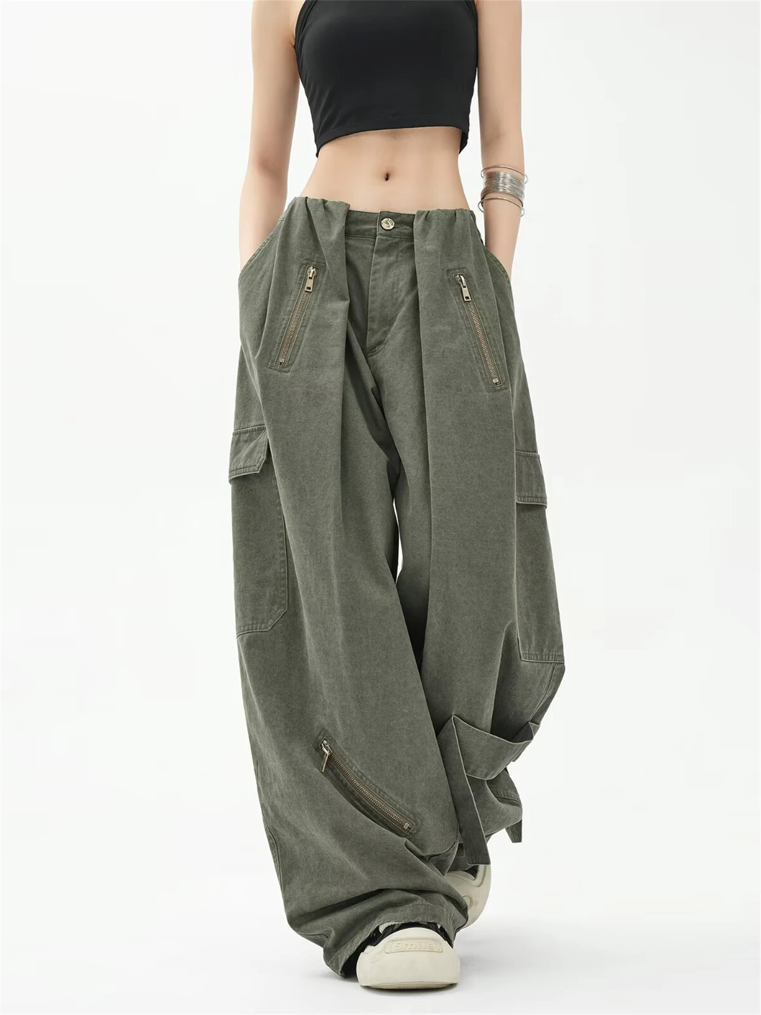 Y2K Women's Olive Green Cargo Pants New Fashion Multiple Zipper Pockets Oversized Wide Leg Loose Casual Streetwear Trousers