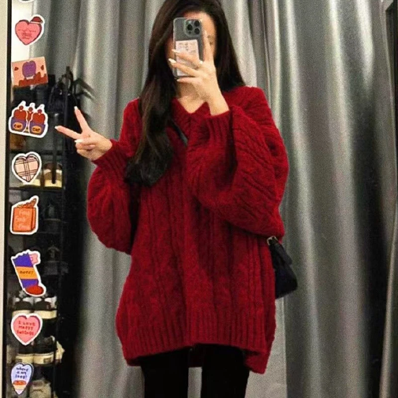 Autumn Winter Harajuku Women Sweater Cute Oversized Knitted Pullover Korean Long Sleeve V Neck Sweater Preppy Solid Loose Jumper