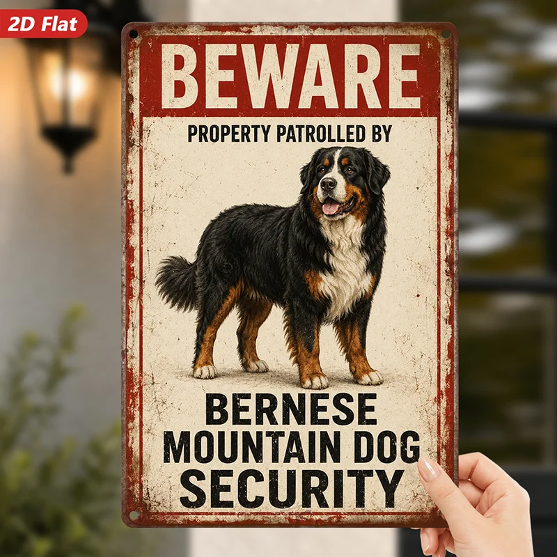 1pc Bernese Dog Warning Metal Sign Wall Art, Perfect for Kitchen Bedroom, Beware Patrol Message, Bernese Mountain Dog - view 4