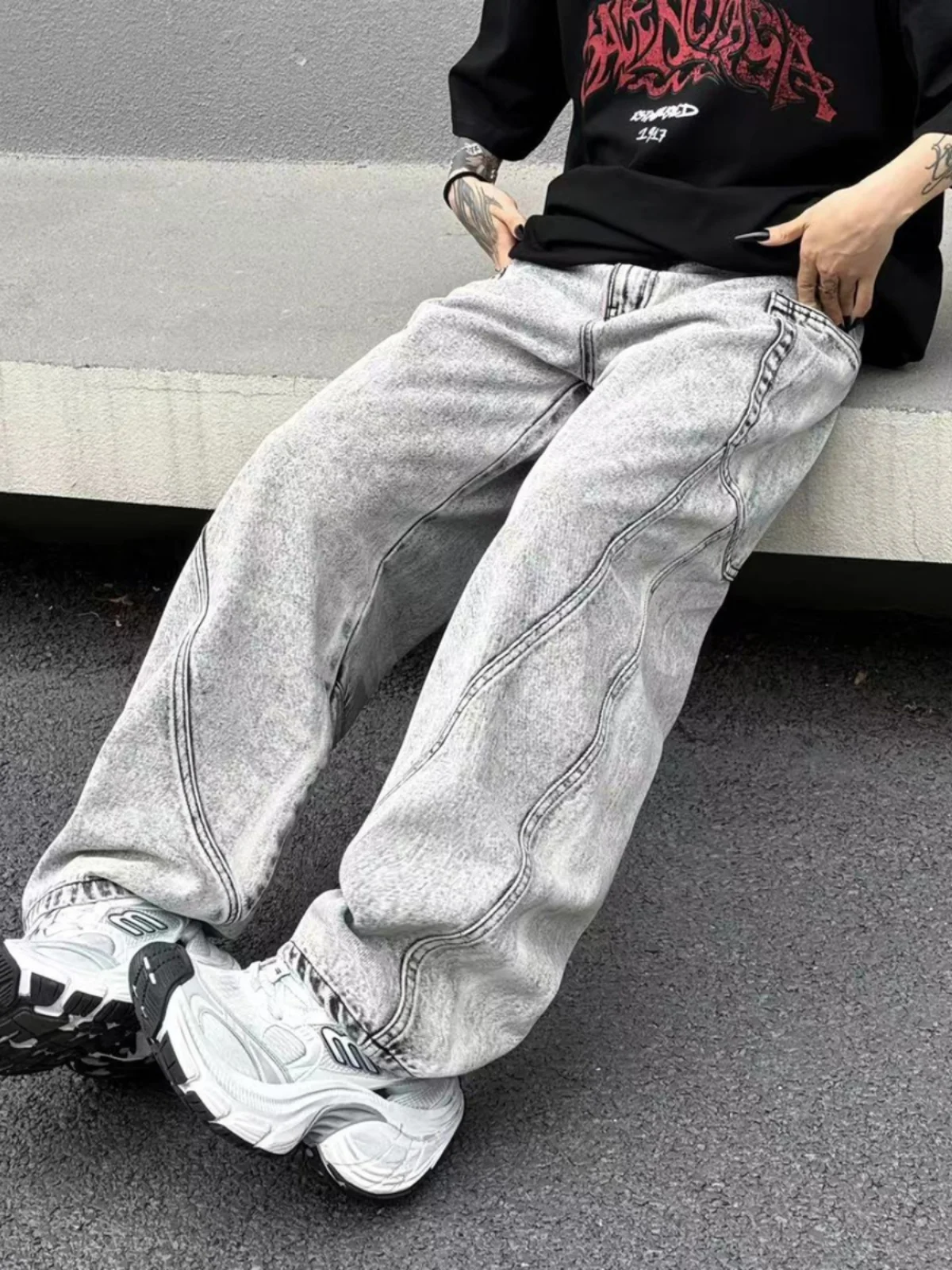 

Джинсы в стиле американского винтажа с разрезами, свободные, универсальные, повседневные, прямые, широкие, длинные брюки