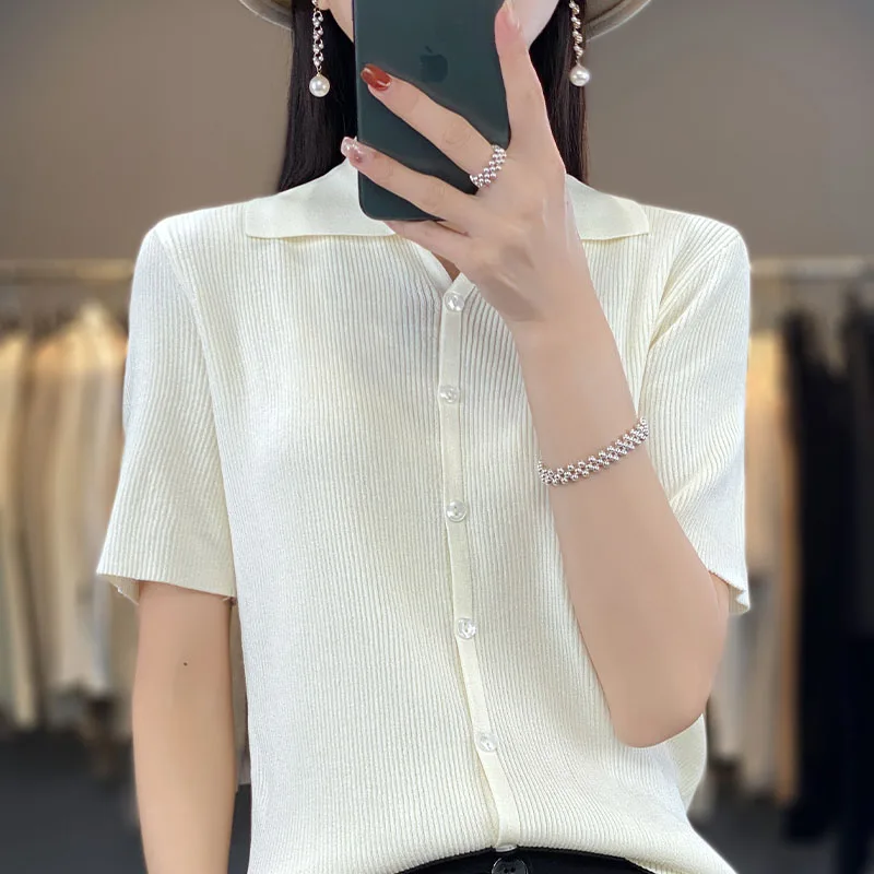 

Summer New Thin T-shirt Female Slim POLO Neck Solid Color Short-Sleeved Cardigan Joker Slim Knit Half-Sleeve Top